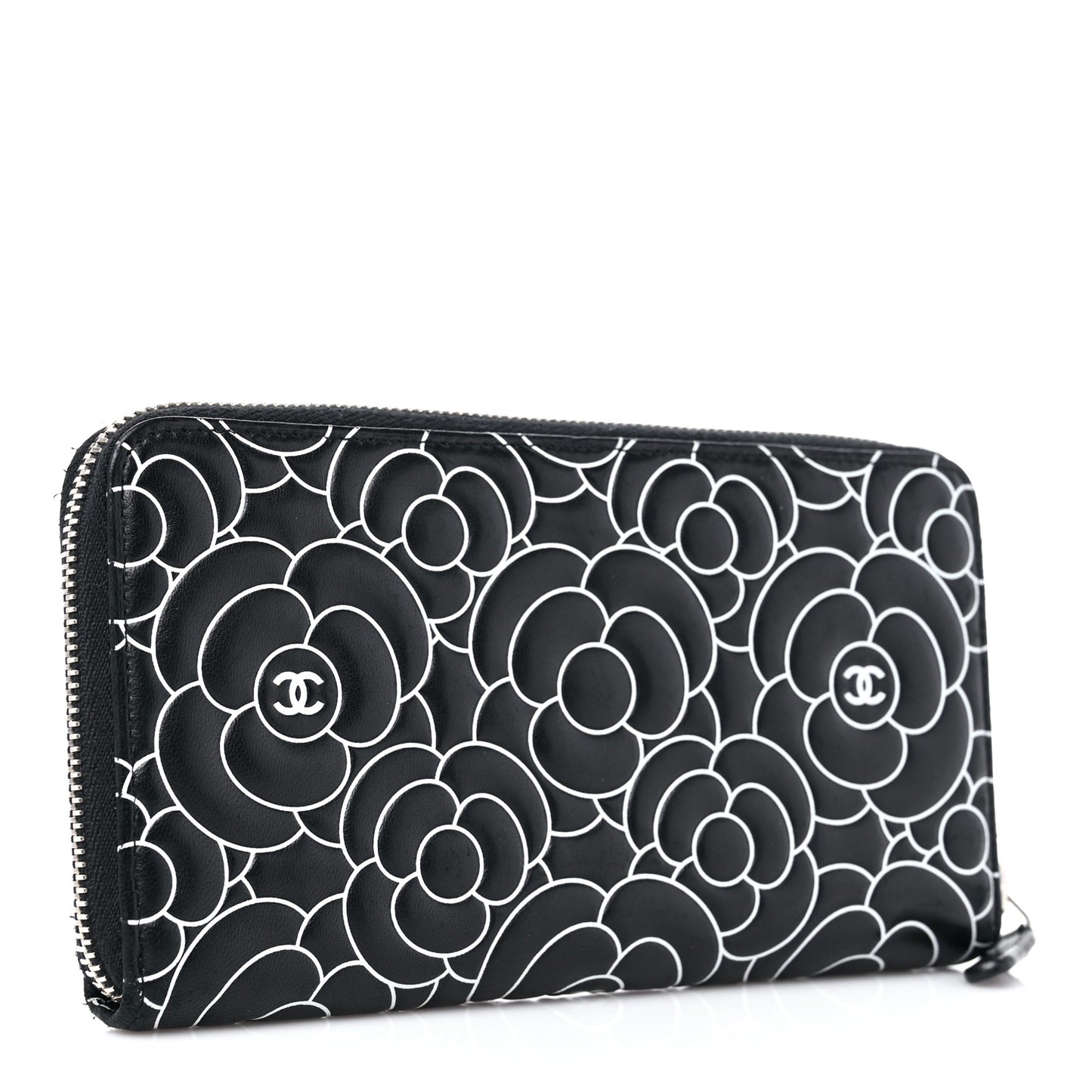Lambskin Camellia Embossed Large Zip Around Gusset Wallet Black White