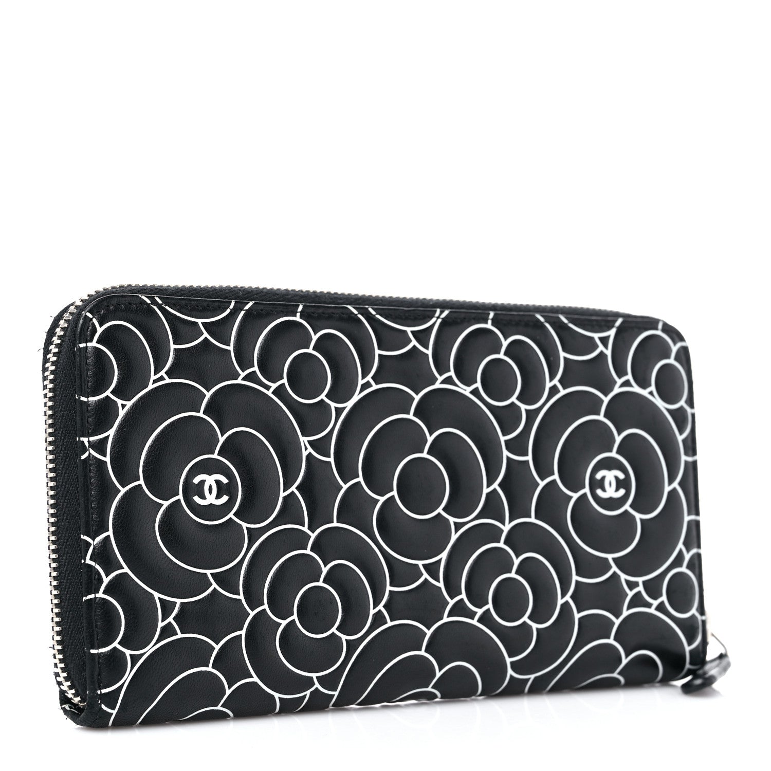 Chanel Lambskin Camellia Embossed Large Zip Around Gusset Wallet Black White 3 of 18