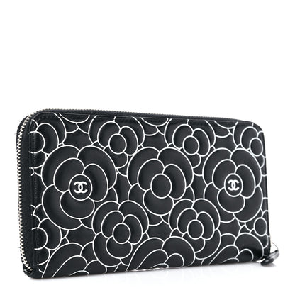 Chanel Lambskin Camellia Embossed Large Zip Around Gusset Wallet Black White 3 of 18