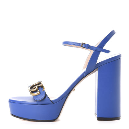 Gucci Calfskin GG Marmont Ankle Wrap 30/115mm Platform Sandals 39 Bright Blue 1 of 10