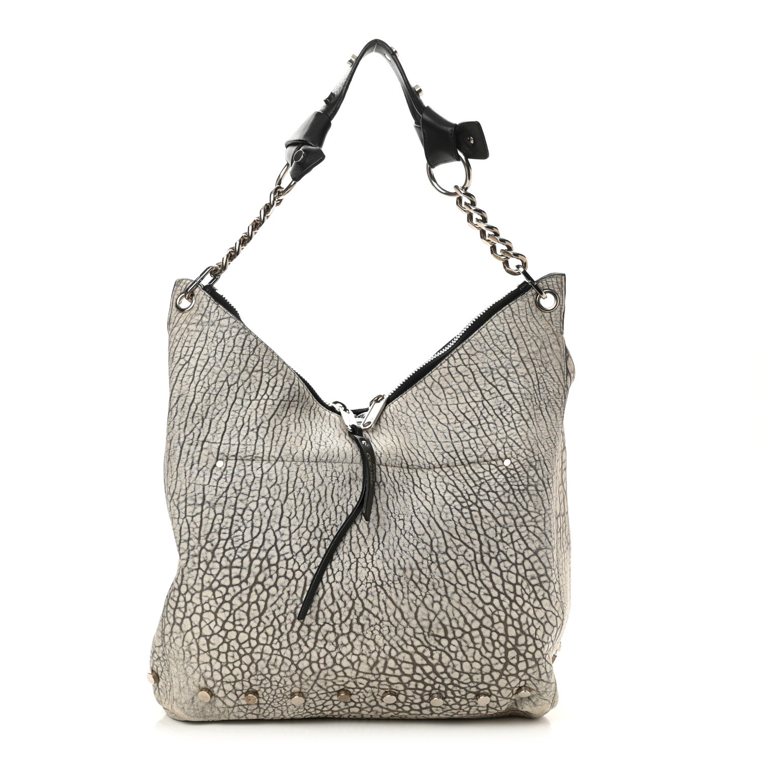 Jimmy Choo Washed Grainy Lambskin Studded Raven Hobo White Black 1 of 7