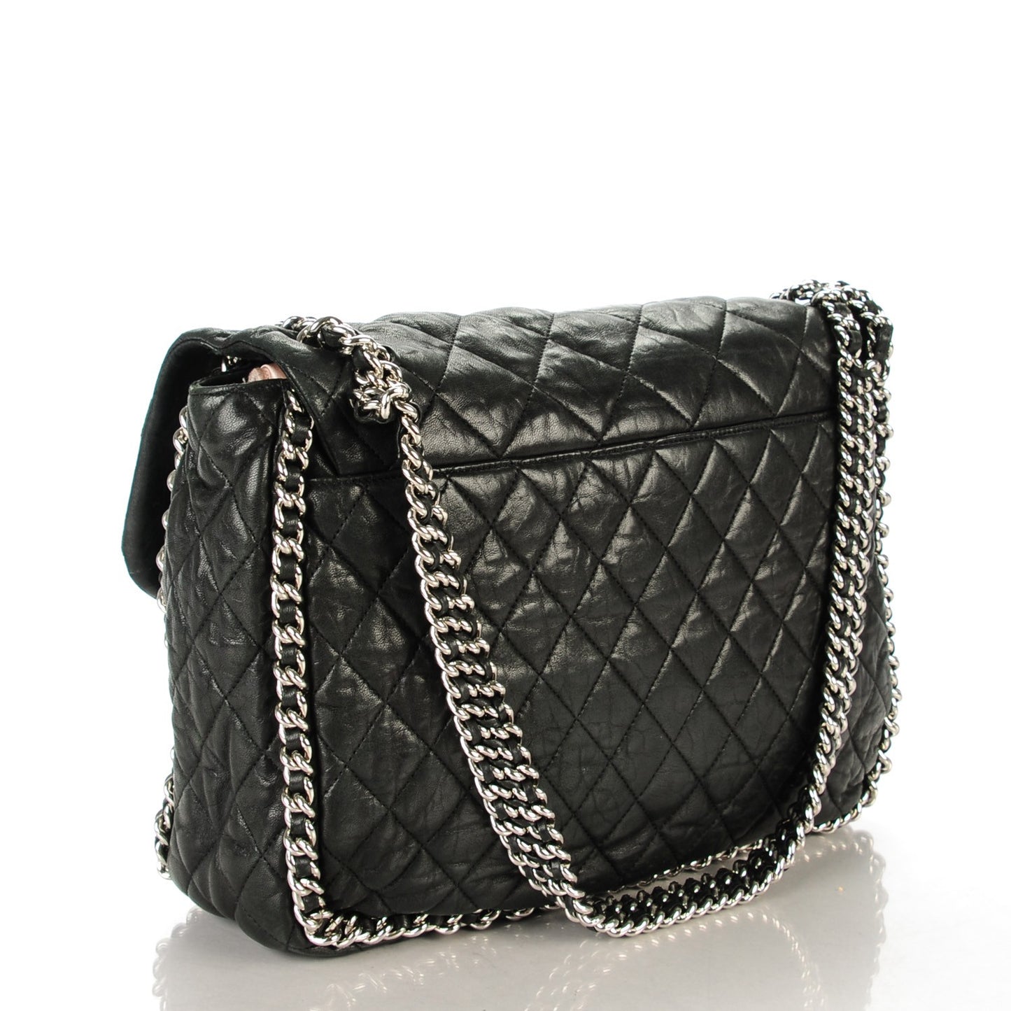 Washed Lambskin Quilted Maxi Chain Around Flap Black