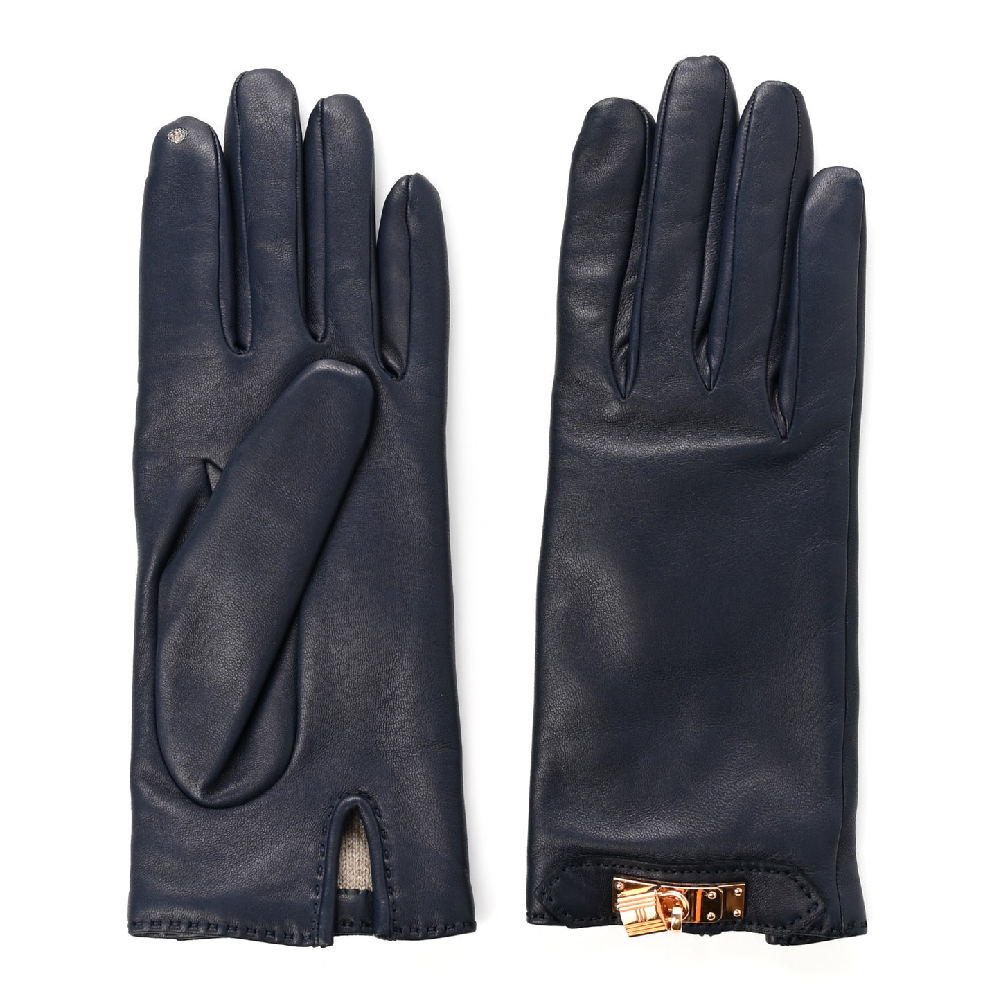 Lambskin Soya Kelly Lock Gloves 6.5 Navy