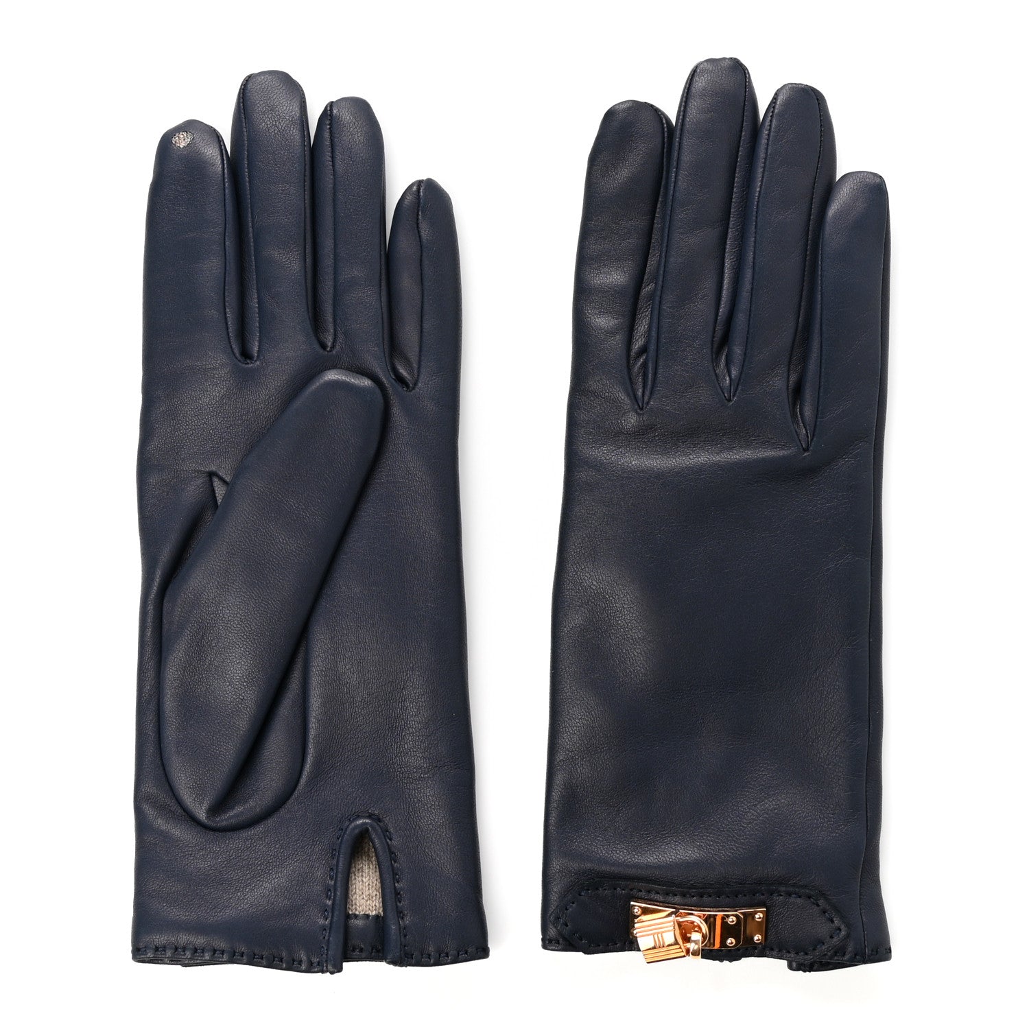 Hermes Lambskin Soya Kelly Lock Gloves 6.5 Navy 1 of 4