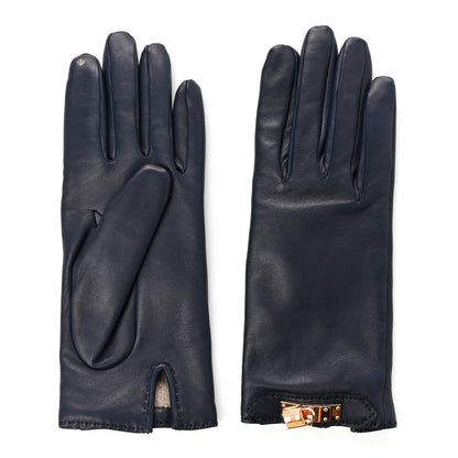 Hermes Lambskin Soya Kelly Lock Gloves 6.5 Navy 1 of 4
