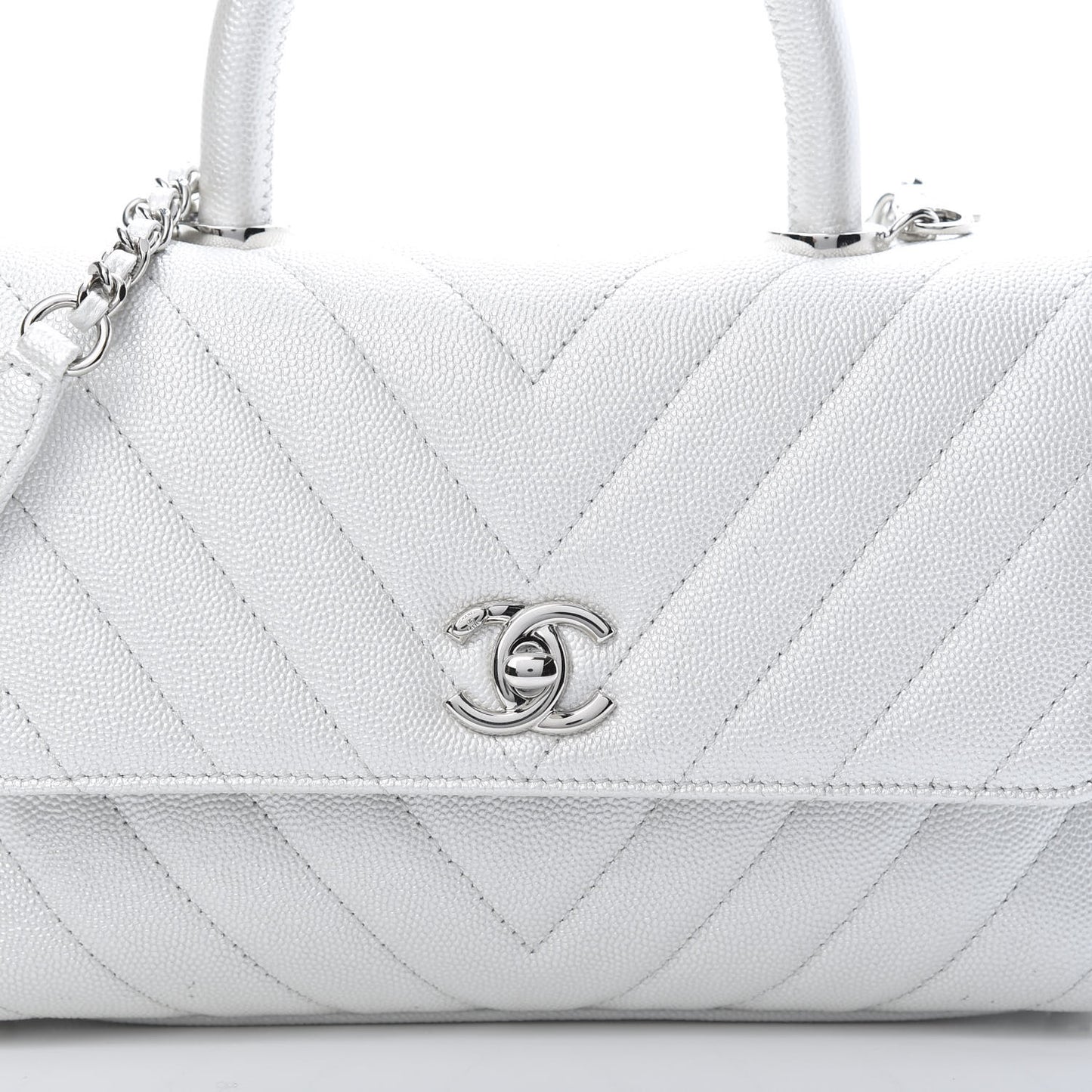 Iridescent Caviar Chevron Quilted Mini Coco Handle Flap White