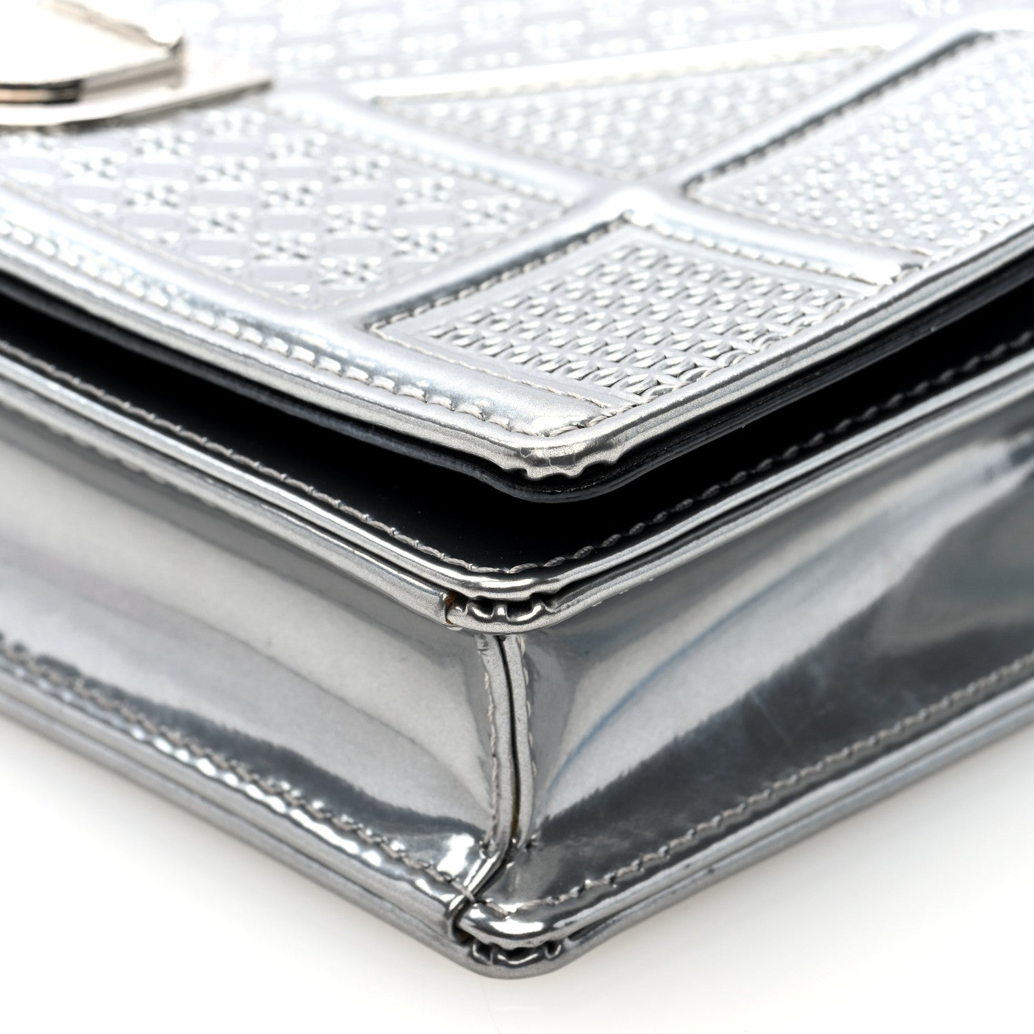 Christian Dior Metallic Patent Micro-Cannage Diorama Wallet on Chain Pouch Silver 9 of 10