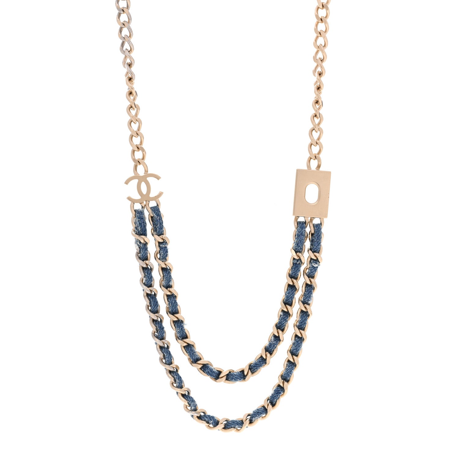 Chanel Metal Denim CC Double Chain Necklace Blue Gold 1 of 6