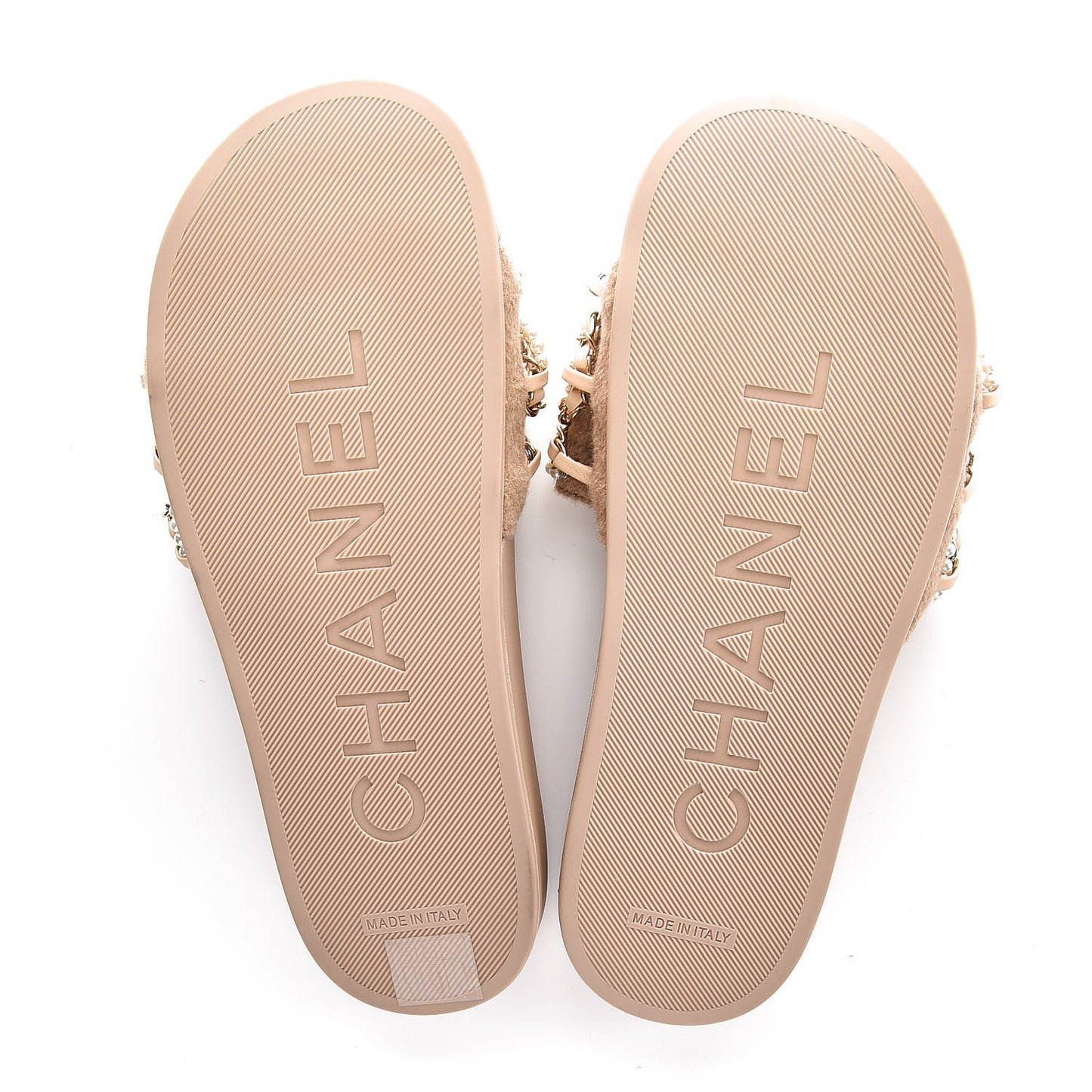 Felt Pearl Lambskin Chain Flat Sandals 37 Beige