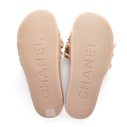 Chanel Felt Pearl Lambskin Chain Flat Sandals 37 Beige 5 of 9
