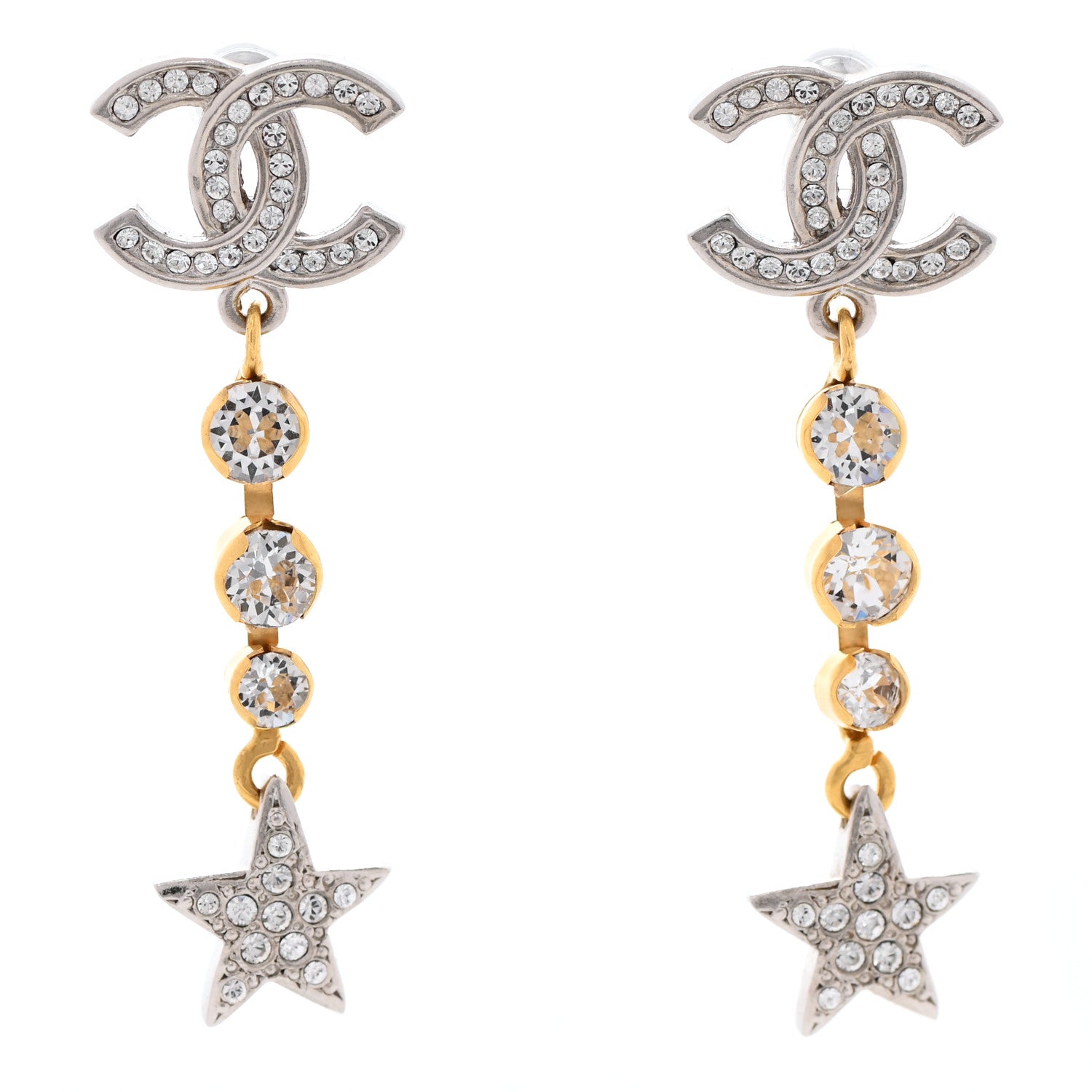 Chanel Crystal Star Drop CC Earrings Silver Gold 1 of 4