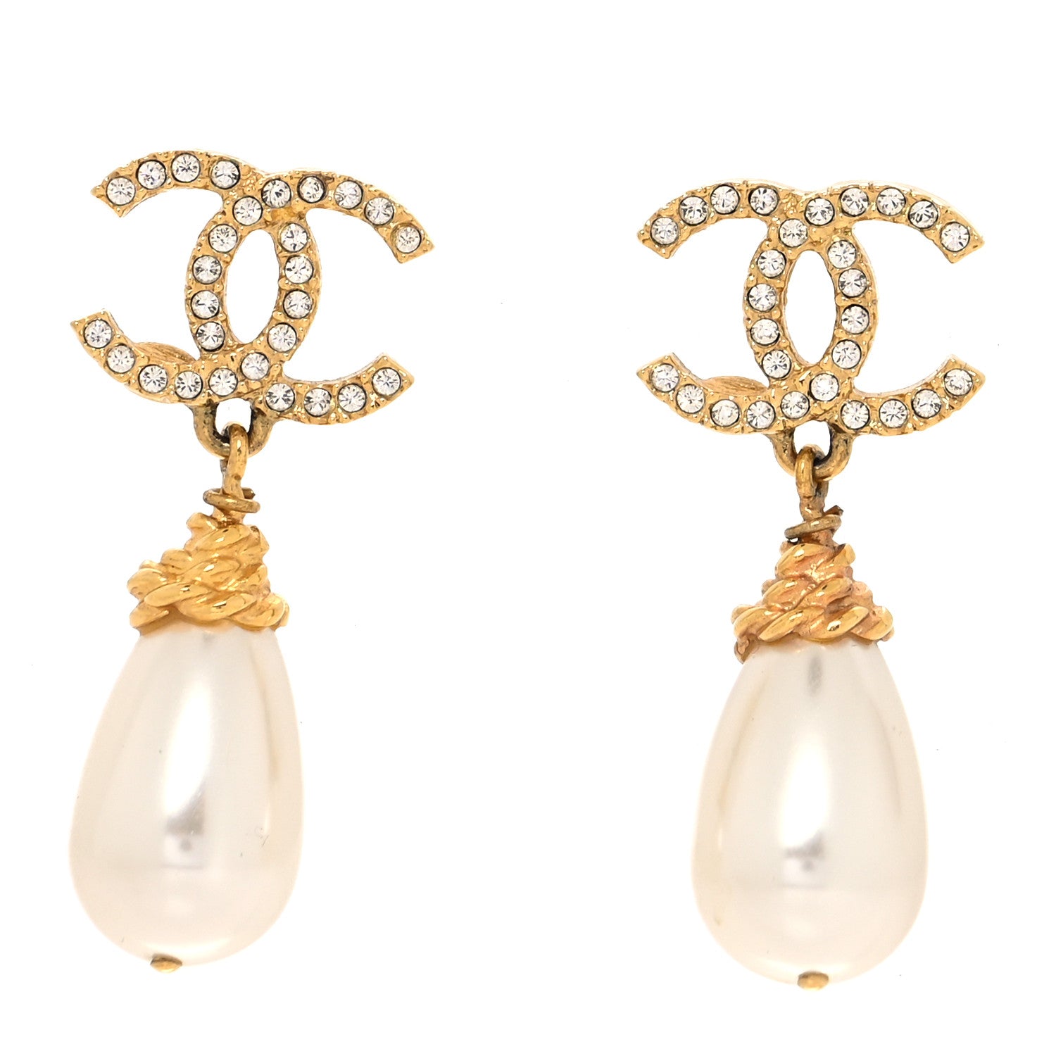Chanel Crystal Pearl CC Braided Drop Earrings Gold 1 of 4