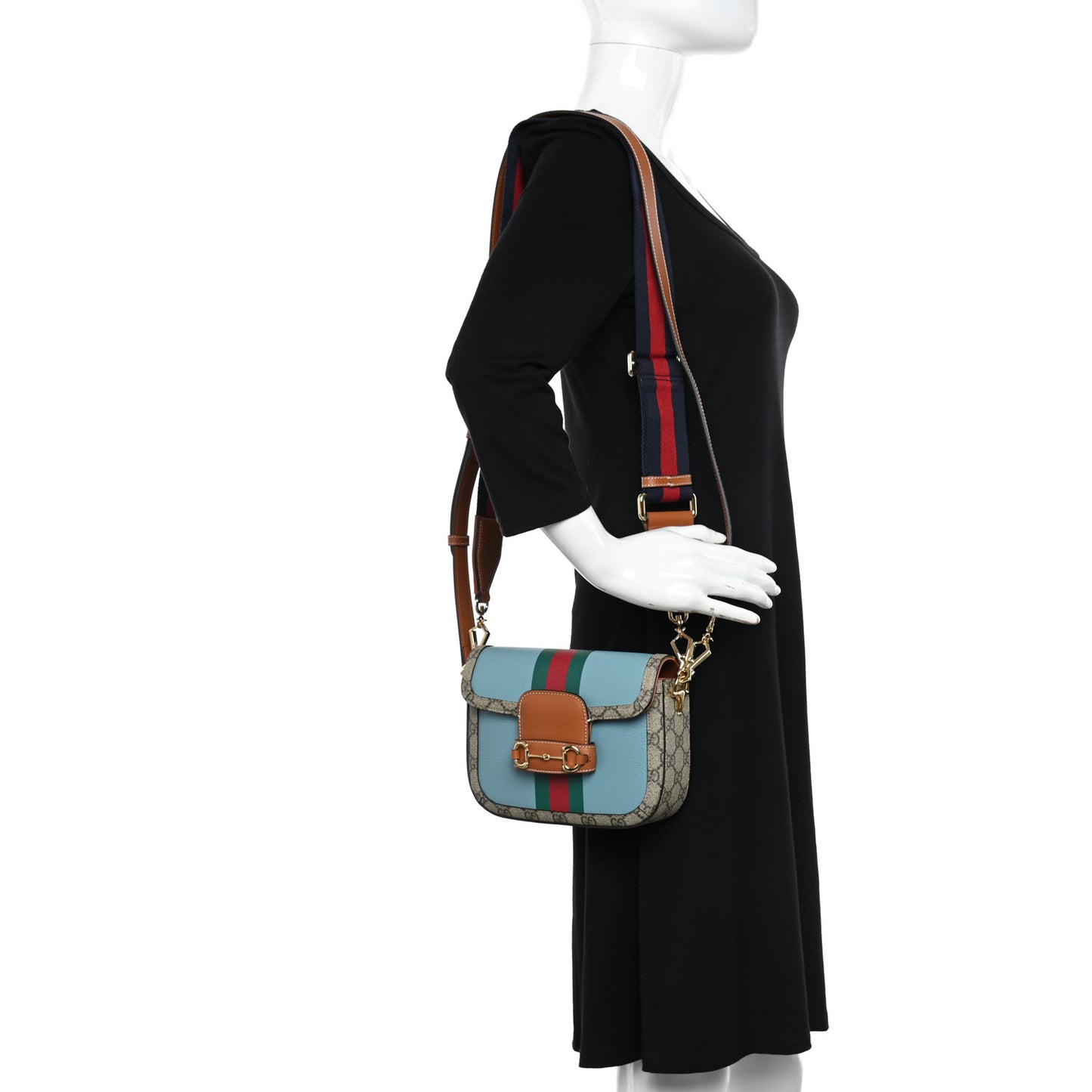 X DANS LE VERT Textured Dollar Calfskin GG Supreme Monogram Web Mini Horsebit 1955 Shoulder Bag Dusty Azure Beige Ebony