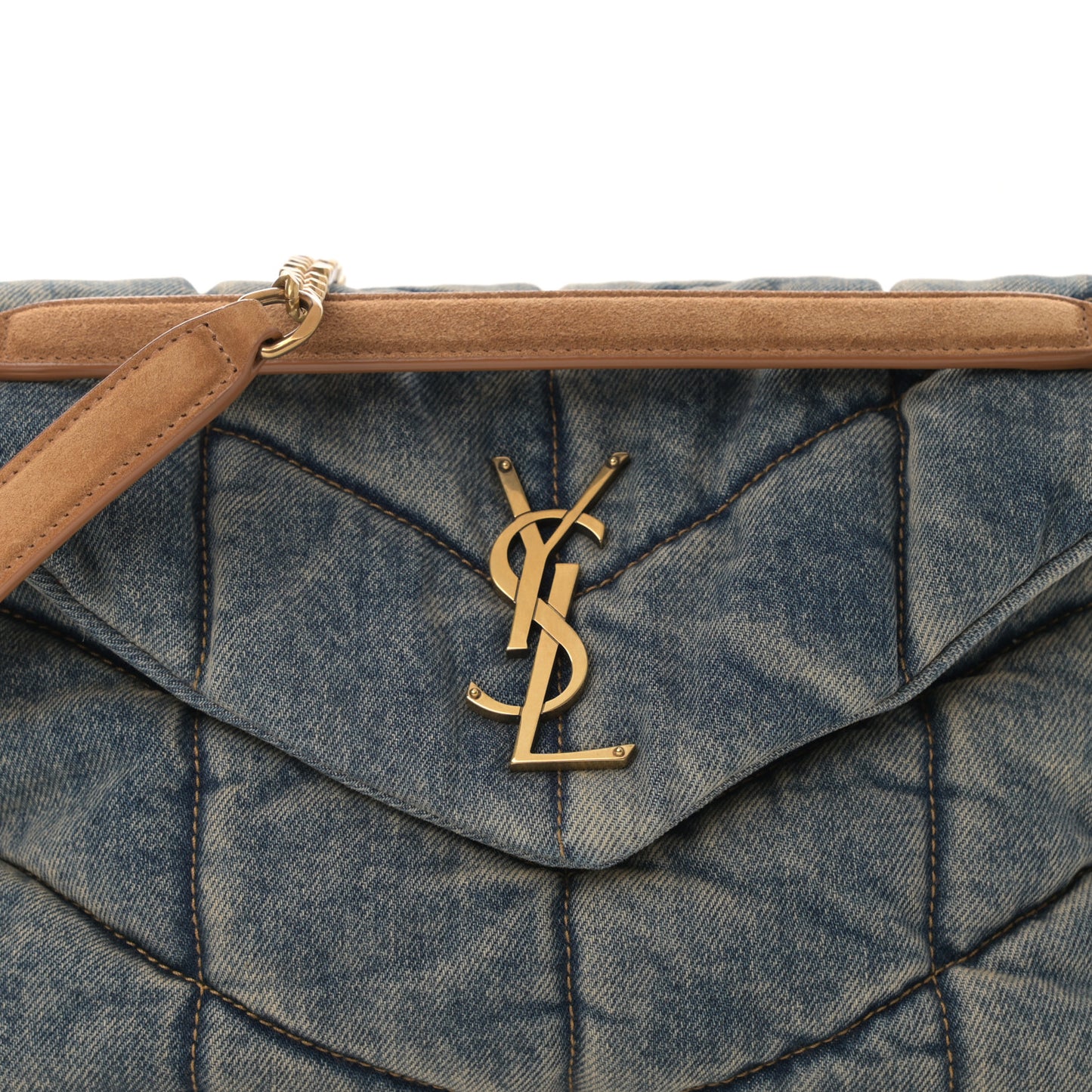 Denim Quilted Small Loulou Puffer Monogram Chain Satchel Blue Cinnamon
