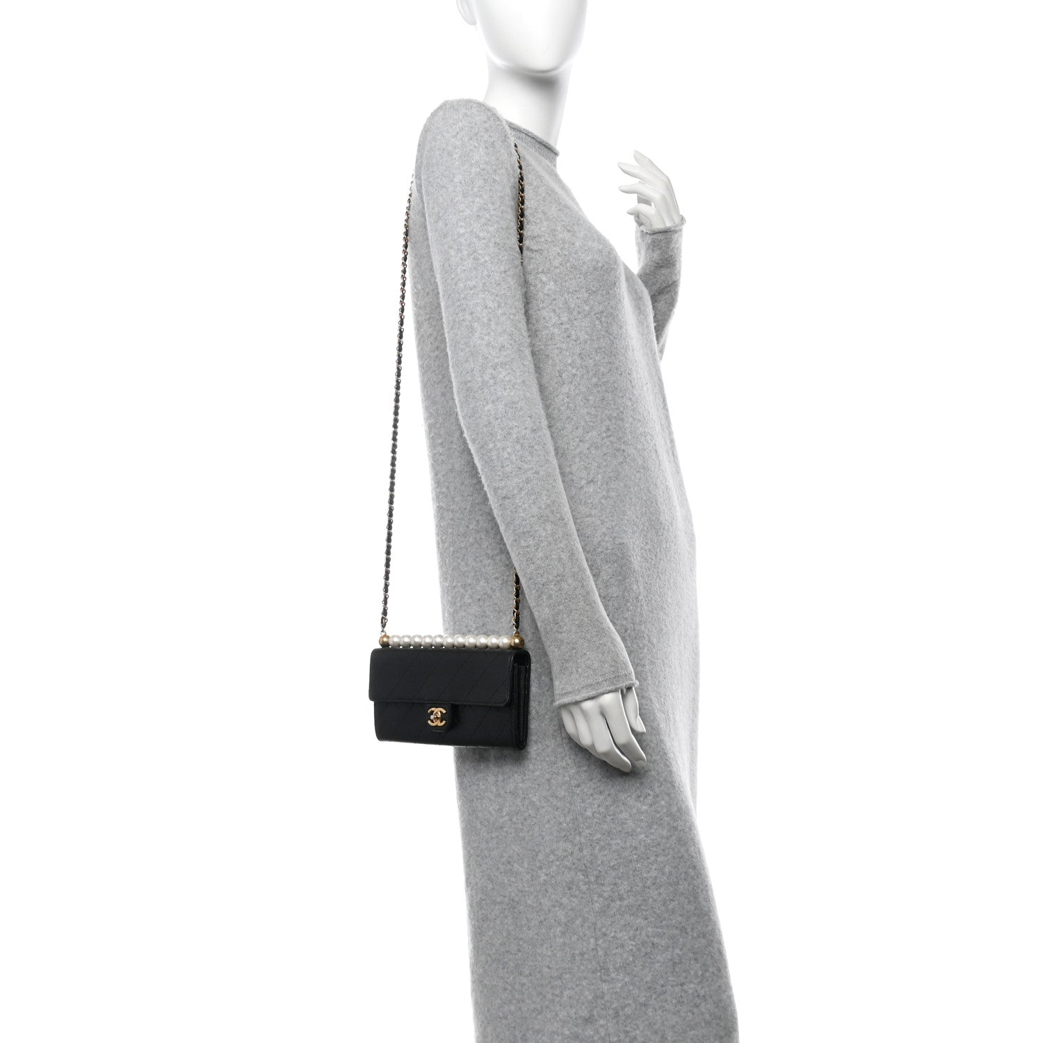 Chanel Goatskin Quilted Chic Pearls Clutch With Chain Black 2 of 10