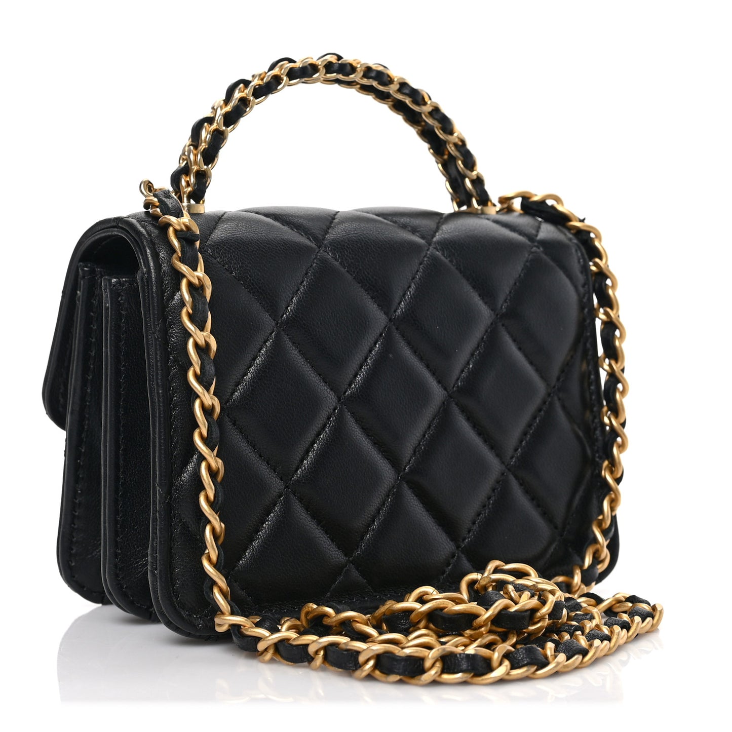 Lambskin Quilted Chain Top Handle Clutch With Chain Black