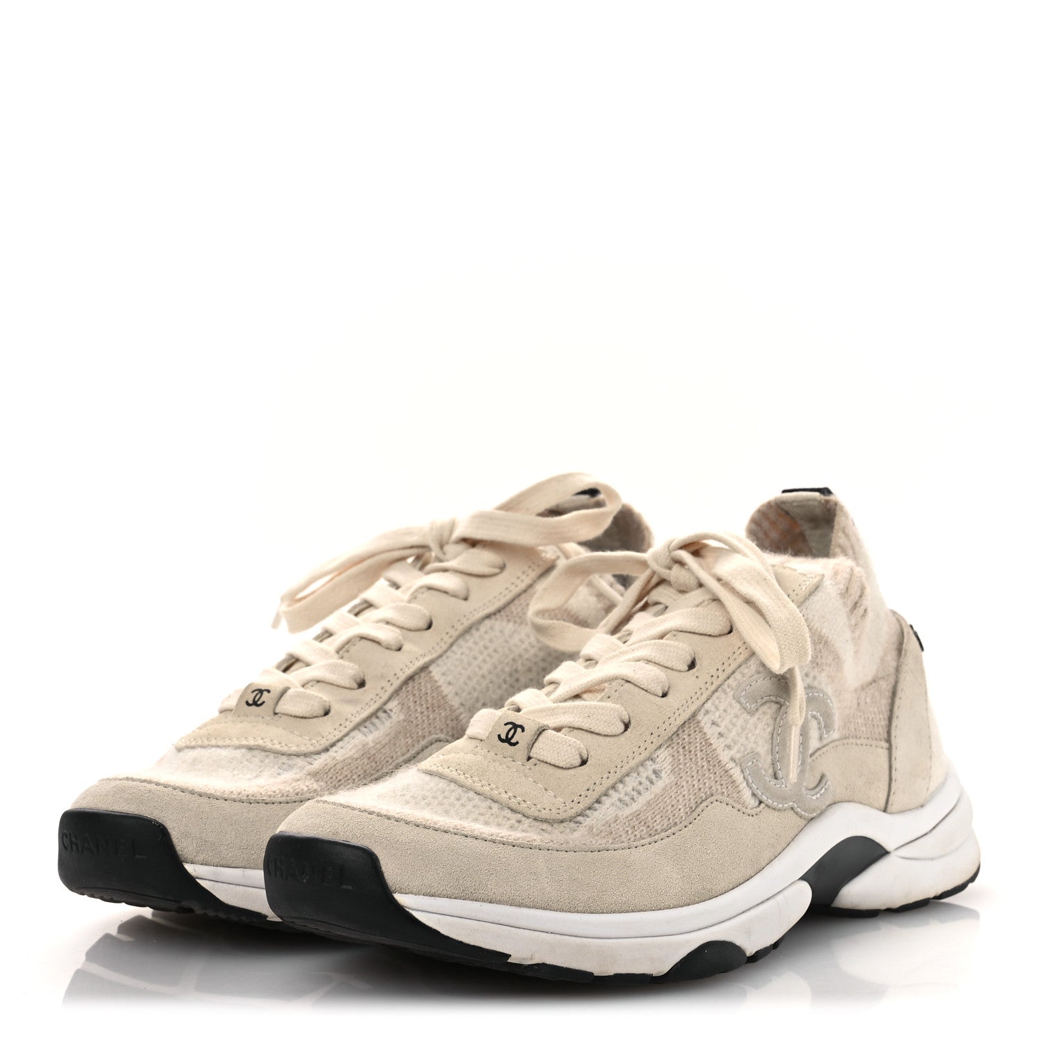 Chanel Knit Fabric Suede Calfskin Womens CC Sneakers 38.5 Ivory 4 of 13