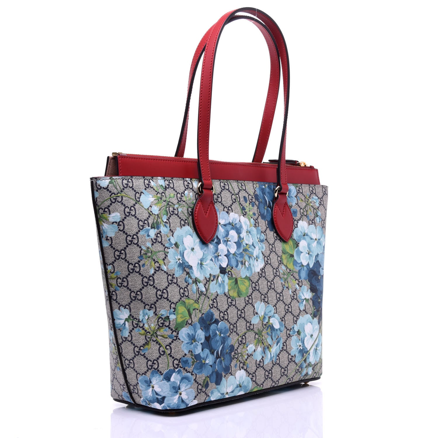 Gucci GG Supreme Monogram Blooms Medium Zippered Bucket Tote Beige Blue Navy Hibiscus Red 3 of 11