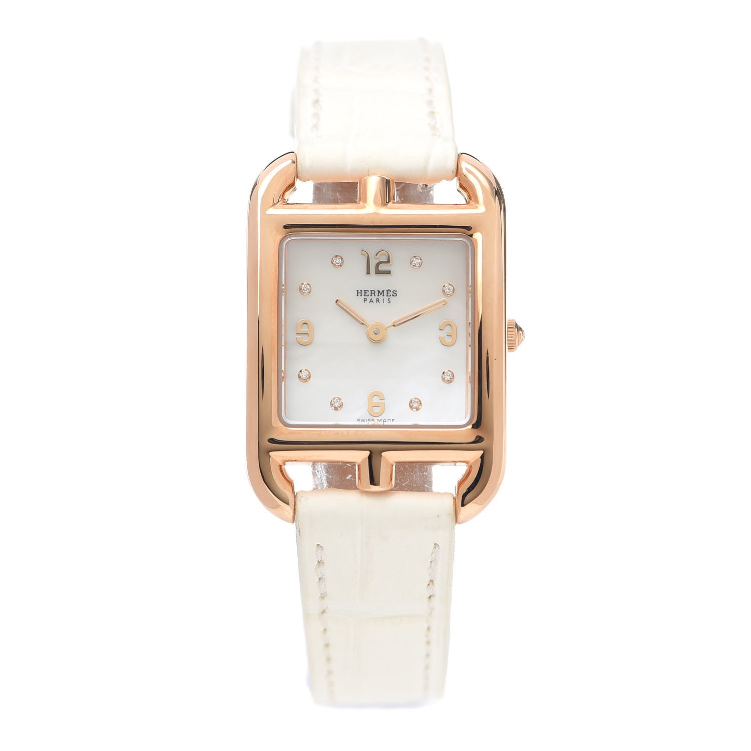 Hermes 18K Rose Gold Alligator Diamond Mother of Pearl 23mm Cape Cod Quartz Watch Blanc 1 of 5