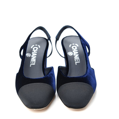 Chanel Velvet Grosgrain Cap Toe CC Slingback Pumps 35.5 Blue Black 2 of 11