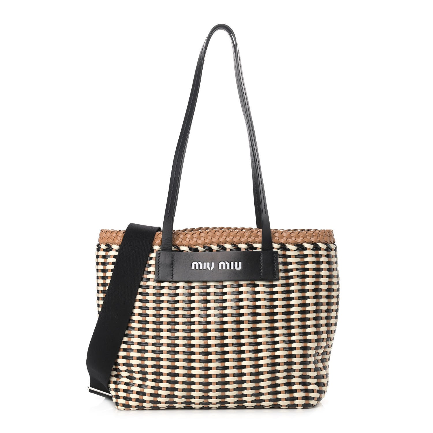 Miu Miu Polyurethane Calfskin Woven Bi-Color Tote Beige Black 1 of 14