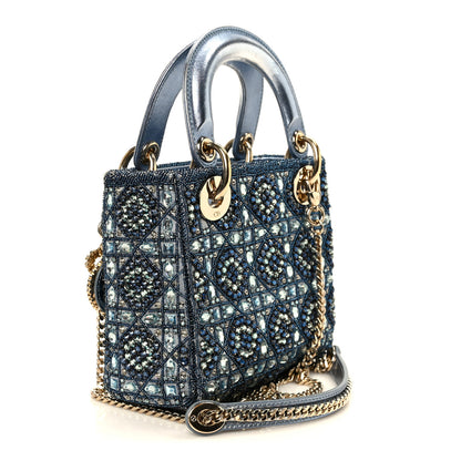 Christian Dior Metallic Calfskin Satin Celestial Bead Embroidery Cannage Mini Lady Dior Blue 3 of 10