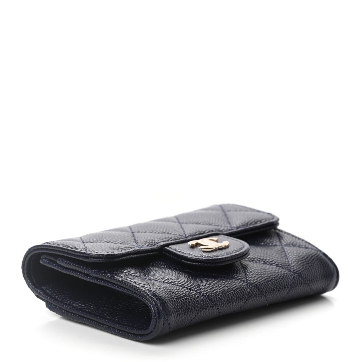 Caviar Quilted Flap Card Holder Wallet Navy