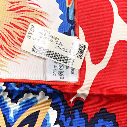 Hermes Silk Twill The Three Graces Scarf 90 White Rouge Bleu 3 of 5