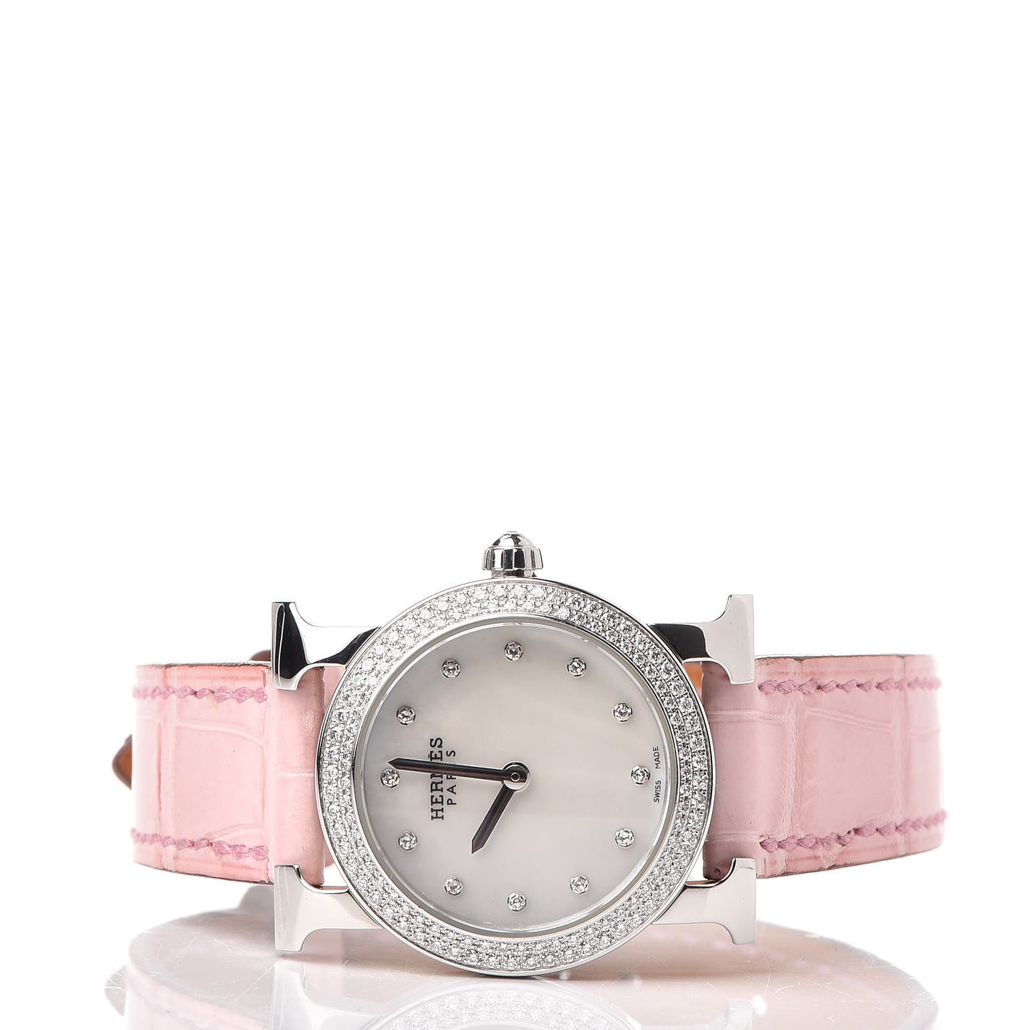 Stainless Steel Alligator Diamond Mother of Pearl 25mm Heure H Ronde Quartz Watch Pink