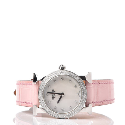 Hermes Stainless Steel Alligator Diamond Mother of Pearl 25mm Heure H Ronde Quartz Watch Pink 3 of 10