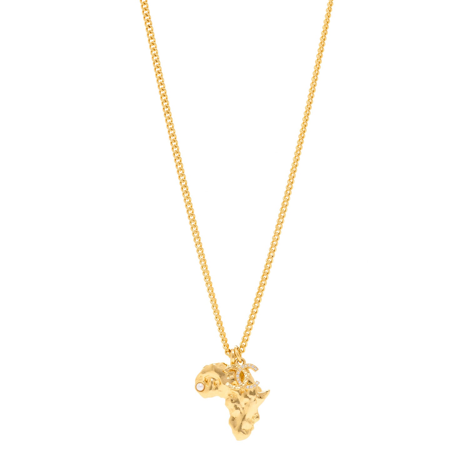 Chanel Crystal Pearl CC Africa Pendant Necklace Gold White 1 of 6