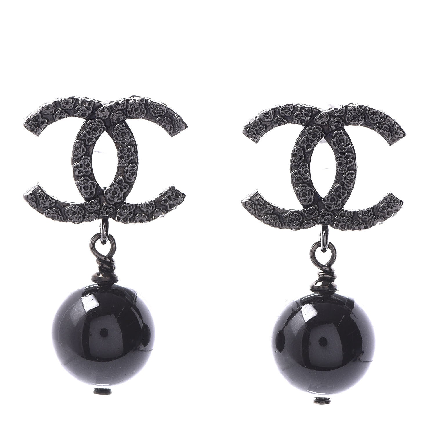 Chanel Pearl Bead CC Drop Camelia Earrings Black 1 of 4
