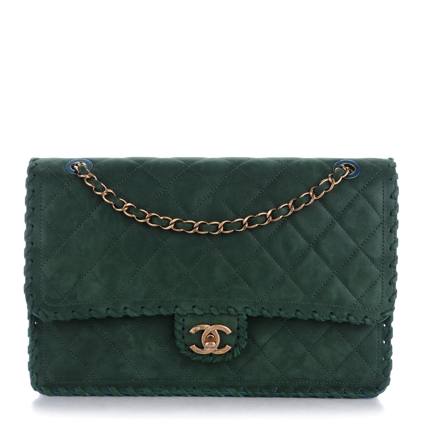 Metallic Calfskin Quilted Jumbo Happy Stitch Flap Green