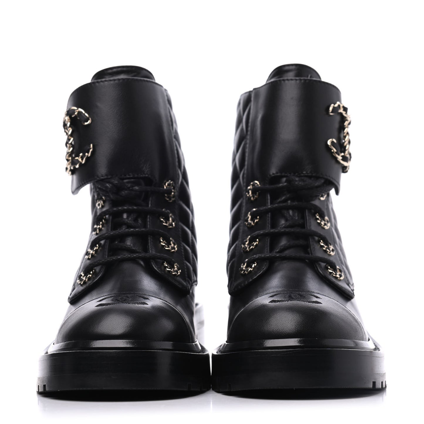 Shiny Lambskin Quilted Lace Up Combat Boots 38 Black
