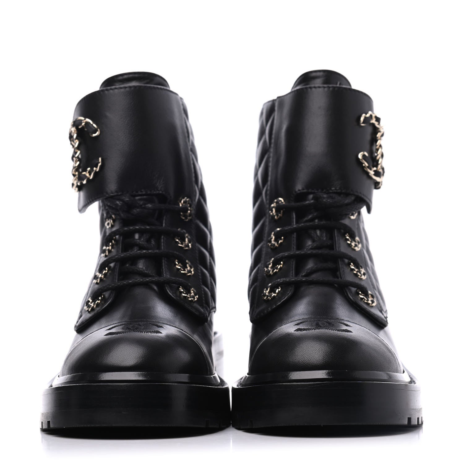 Chanel Shiny Lambskin Quilted Lace Up Combat Boots 38 Black 2 of 9