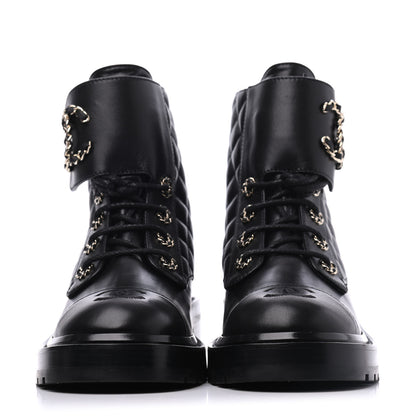 Chanel Shiny Lambskin Quilted Lace Up Combat Boots 38 Black 2 of 9