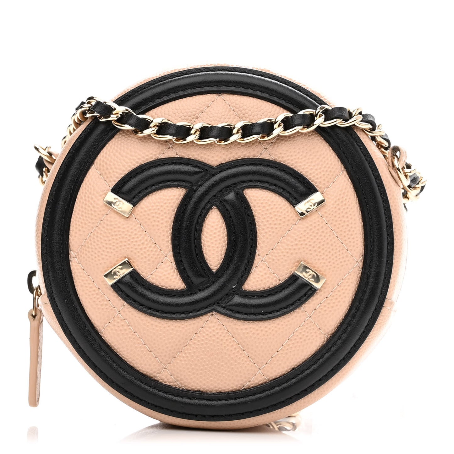 Caviar Quilted Round Filigree Crossbody Beige Black