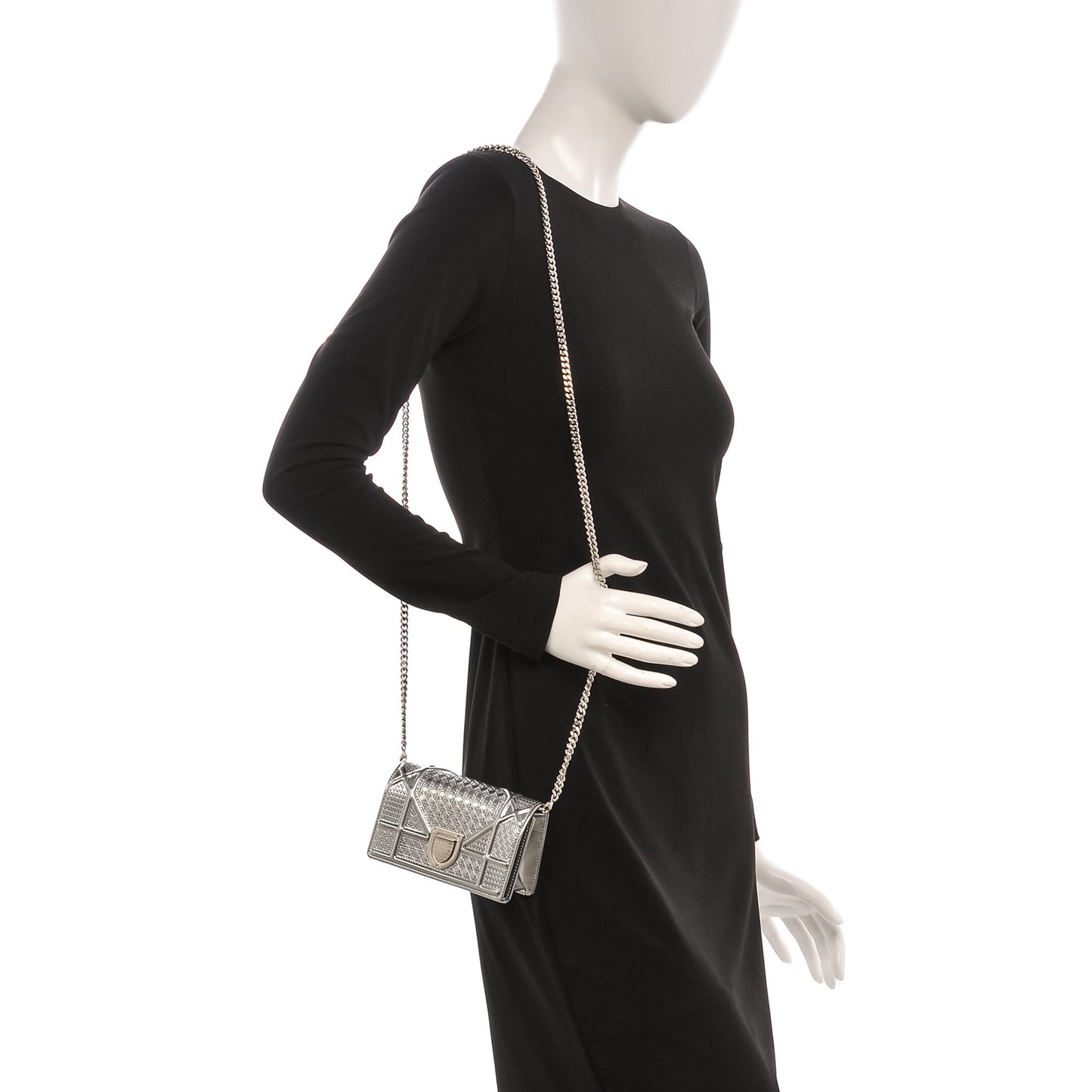Metallic Patent Micro-Cannage Baby Diorama Flap Bag Silver