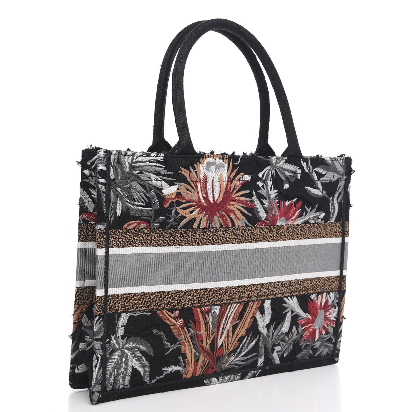 Canvas Embroidered Medium Camouflage Flowers Book Tote Black Multicolor