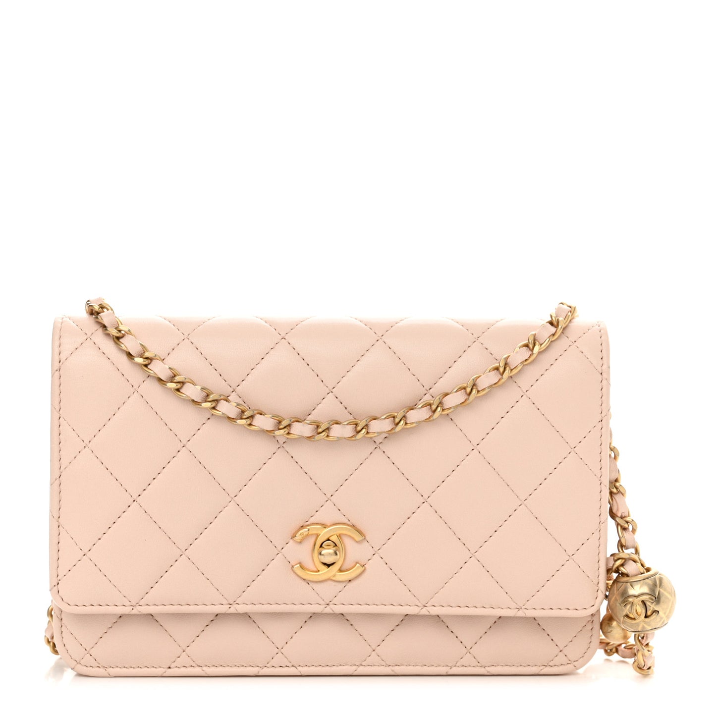 Lambskin Quilted CC Pearl Crush Wallet on Chain WOC Beige