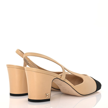 Chanel Goatskin Grosgrain Cap Toe CC Slingback Pumps 37.5 Beige Black 4 of 9