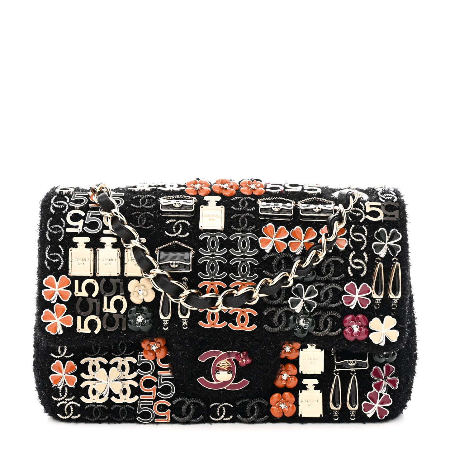 Boucle Tweed Enamel Charms Mini Rectangular Flap Black