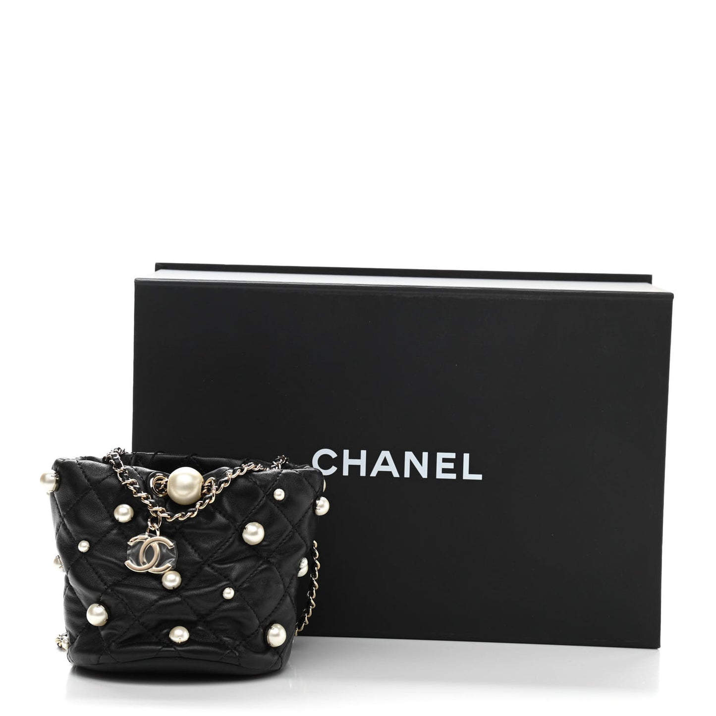 Lambskin Quilted Pearl Mini About Pearls Drawstring Bag Black