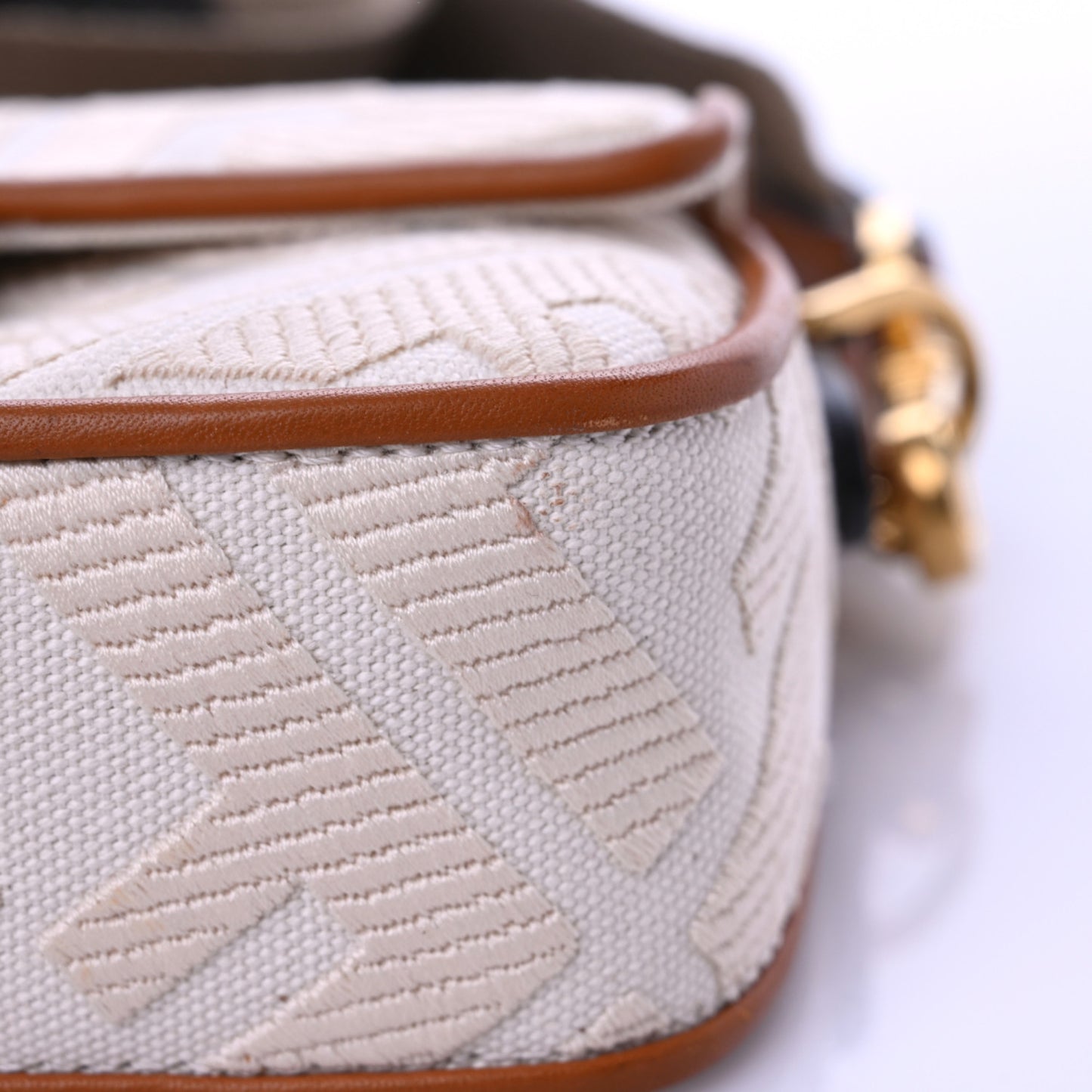 Canvas Vitello King Bi-Color Strap FF Embroidered Mini Baguette Grezzo Brandy Cuoio