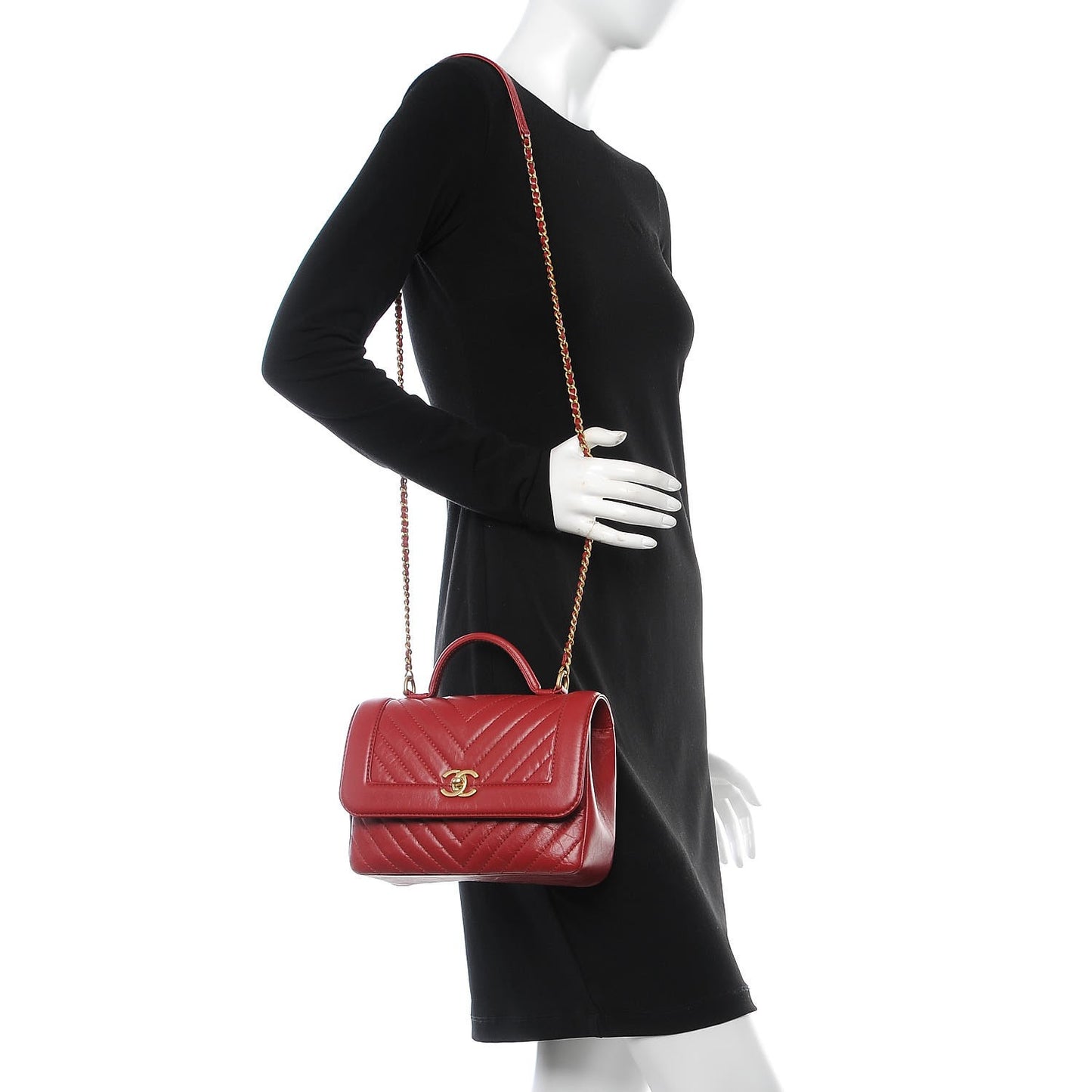 Calfskin Chevron Quilted Top Handle Flap Red