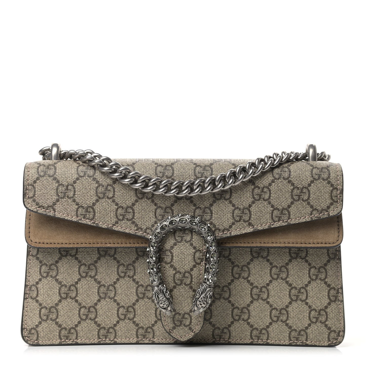 GG Supreme Monogram Suede Crystal Small Dionysus Shoulder Bag Beige Ebony Taupe