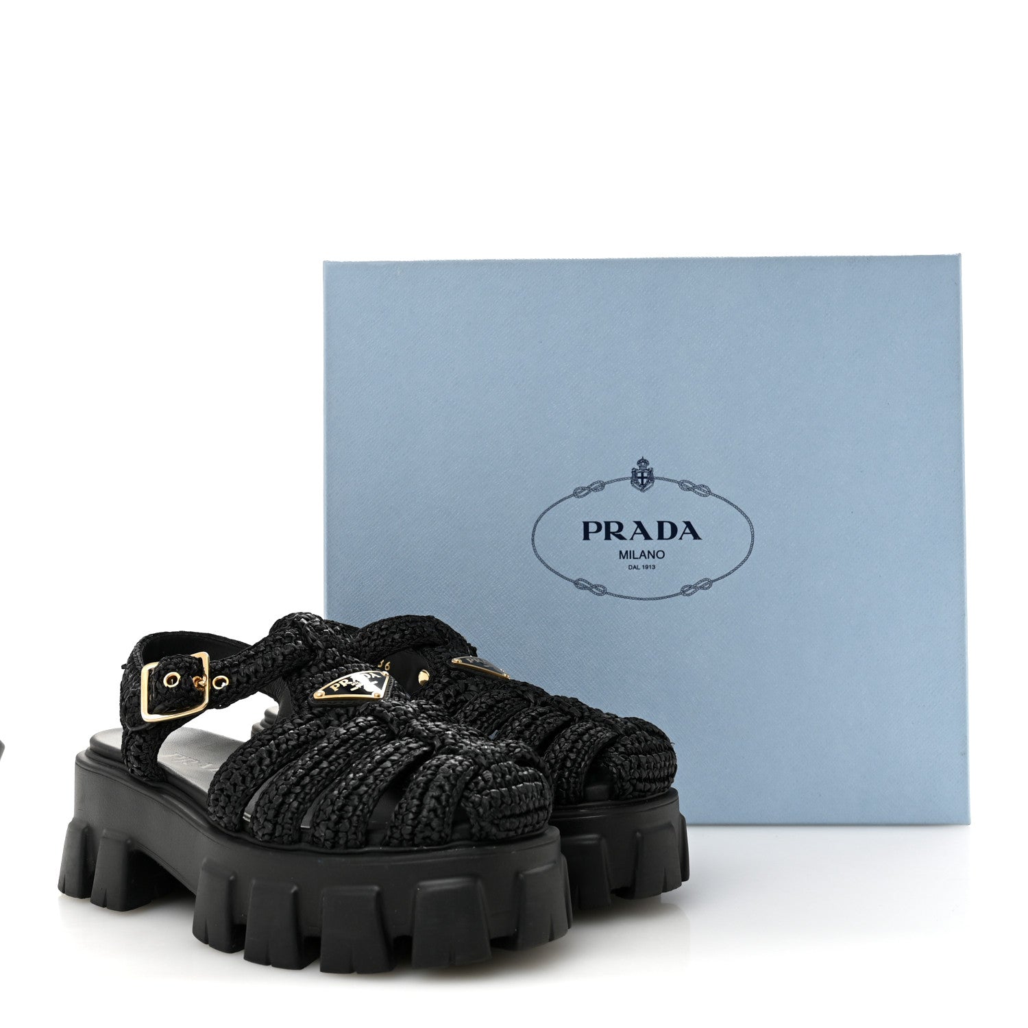 Prada Raffia Metal Triangle Logo Crochet Monolith 55mm Cage