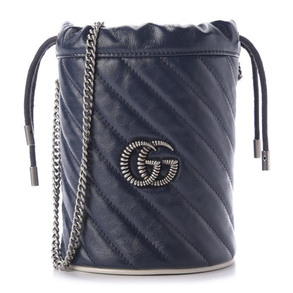 Gucci Vintage Effect Calfskin Matelasse Diagonal Mini Torchon GG Marmont 2.0 Bucket Bag Blue Agata Mystic White 1 of 9