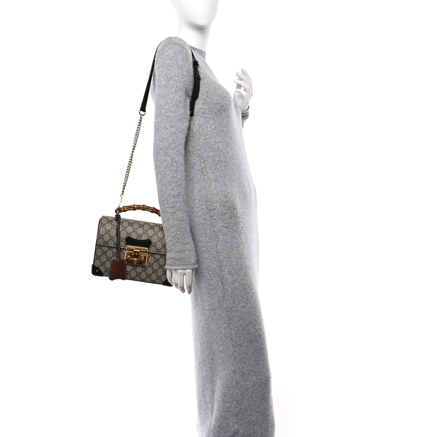 GG Supreme Monogram Small Padlock Bamboo Shoulder Bag Beige Black Cuir