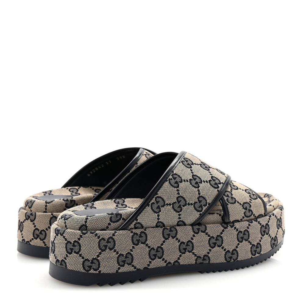 Gucci Monogram Criss Cross Platform Slide Sandals 37 Beige Blue 1769956 ...